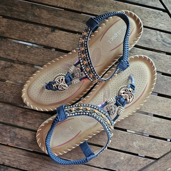 NWOT Aomigoct navy bohemian embellished elastic ankle flip flops sandals - Picture 7 of 12